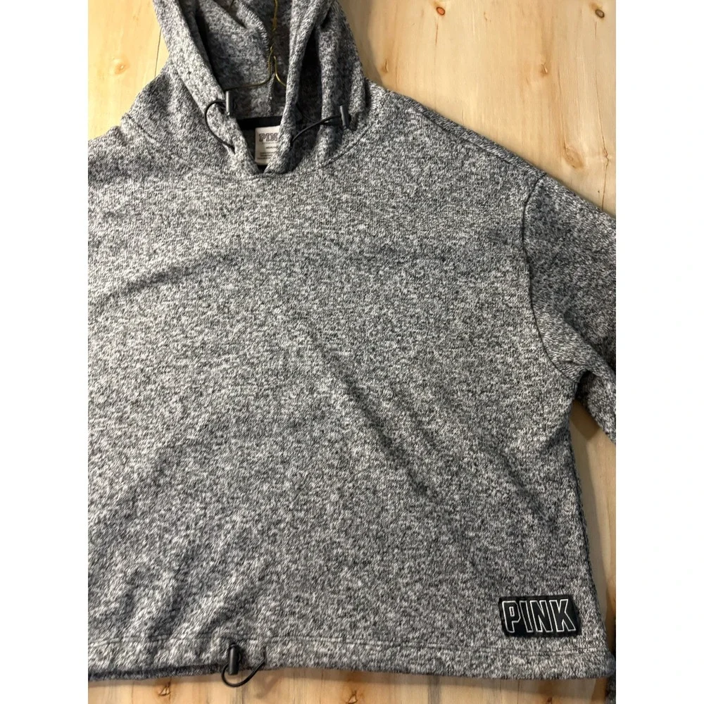 Pink Victoria's Secret Womens Marled Knit Hoodie Grey Pullover Logo Patch Medium